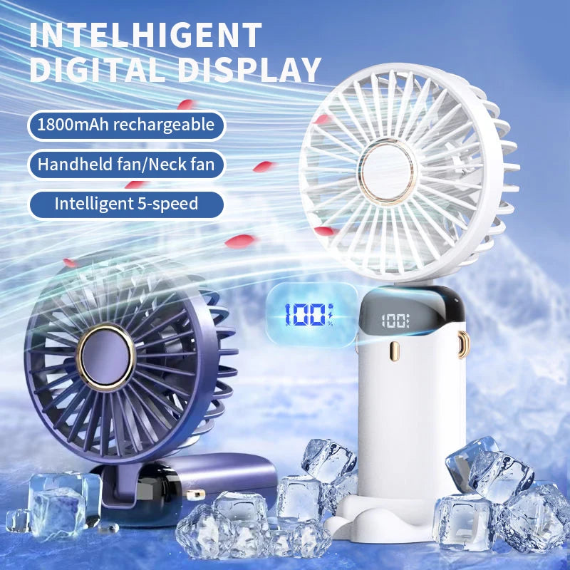 Mini Portable Handheld Fan Foldable Neck Hanging Fans 5 Speed USB Rechargeable Fan with Phone Stand and Display Screen 1800mAh
